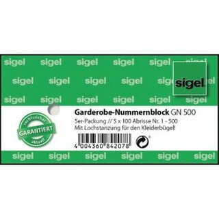 Nummernblock Sigel GN500, 1-500, farbig sortiert, 5 Blcke mit je 100 Blatt