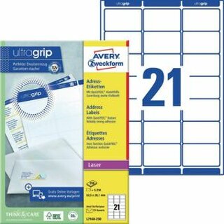 Adress-Etiketten Avery Zweckform L7160, 63,5 x 38,1mm (LxB), we, 25Bl/5250 Stck