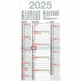 Bhner 3-Monatskalender TERMINUS M3TE, 3M/1S, 30 x 59cm, schwarz/rot, 2025