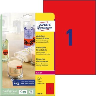 Etiketten Avery Zweckform L6005, 210 x 297mm (LxB), neonrot,25 Stck