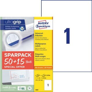 Avery Zweckform 6603 Universaletiketten, 210x297mm, wei, 65 Stck