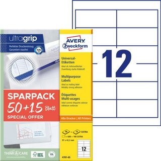 Avery Zweckform 4781 Universaletiketten, 97x42,3mm, wei, 65 Stck