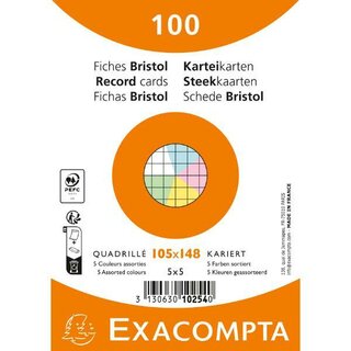 EXACOMPTA Karteikarte 10254E, kariert, A6, Karton, 205 g/qm, sortiert, 100 Stck