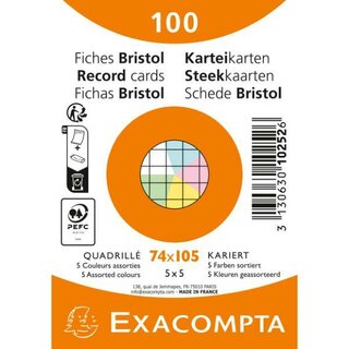 EXACOMPTA Karteikarte 10252E, kariert, A7, Karton, 205 g/qm, sortiert, 100 Stck