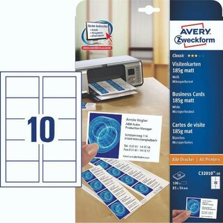 Avery Zweckform C32010-10 Visitenkar.85X54 Weiß 100 Stück