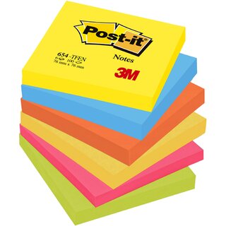 Haftnotizen Post-it 654TFEN, 76 x 76 mm, 6 Blcke  100 Blatt, farbig sortiert