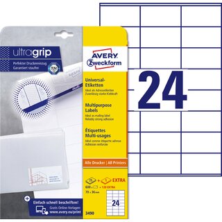 Universal-Etiketten Avery Zweckform 3490, 70x36mm (LxB), wei, 30Bl/720St