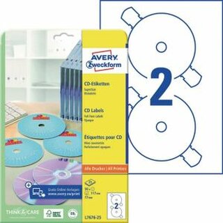 CD/DVD-Etiketten Avery Zweckform L7676, D 117mm, wei, 25 Blatt/50 Stck