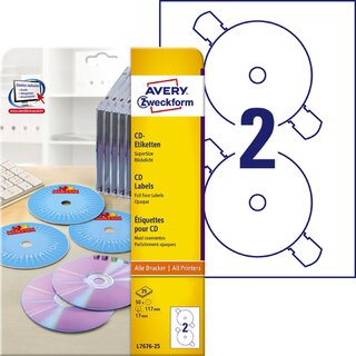 CD/DVD-Etiketten Avery Zweckform L7676, D 117mm, wei, 25 Blatt/50 Stck