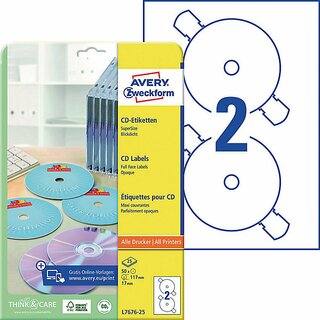 CD/DVD-Etiketten Avery Zweckform L7676, D 117mm, wei, 25 Blatt/50 Stck