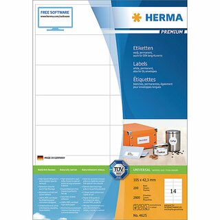 Etiketten Herma 4625 PREMIUM, 105 x 42,3mm (LxB), wei, 2800 Stck