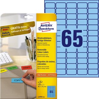 Etiketten Avery Zweckform L4791, 38,1 x 21,2mm (LxB), blau, 20Bl/1300St