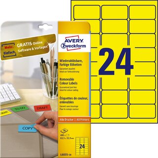 Etiketten Avery Zweckform L6035, 63,5 x 33,9mm (LxB), gelb, 20Bl/480 Stck