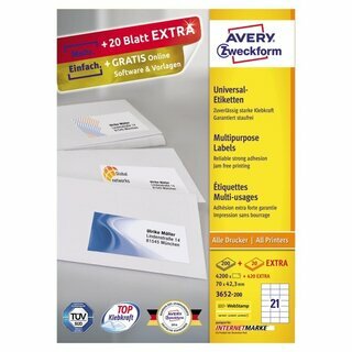 Etiketten Avery Zweckform 3652-200, 70x42,3mm (LxB), wei, 4620 Stck