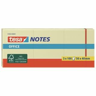 Haftnotizen Tesa 57653 Office Notes, 50x40mm, 100 Blatt, gelb, 3 Stck