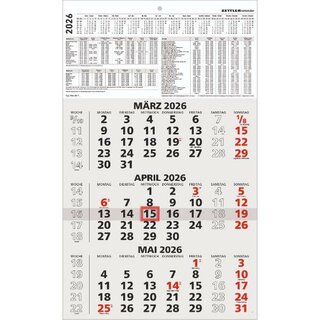Zettler 3-Monatskalender 956, 30 x 49cm, schwarz/rot, 2026