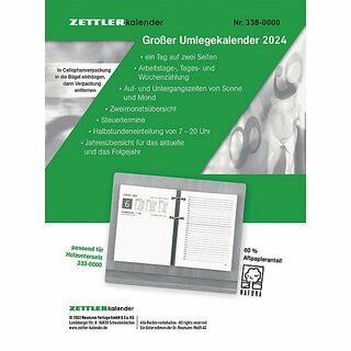 Zettler Umlegekalender 338, 1T/2S, 10,5 x 14,2cm, passend fr 333-0000, 2025