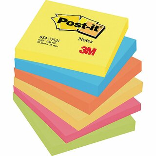 Haftnotizen Post-it 654TFEN, 76 x 76 mm, 6 Blcke  100 Blatt, farbig sortiert