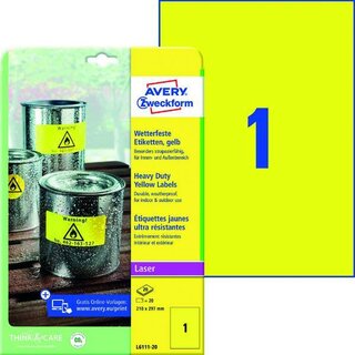 Wetterfeste Etiketten Avery Zweckform L6111-20, 210x297mm (LxB), gelb, 20 St.