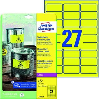 Wetterfeste Etiketten Avery Zweckform L6105-20, 63,5x29,6mm (LxB), gelb 480 St.