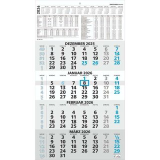 Zettler 4-Monatskalender 959, 30 x 59cm, schwarz/blau, 2026